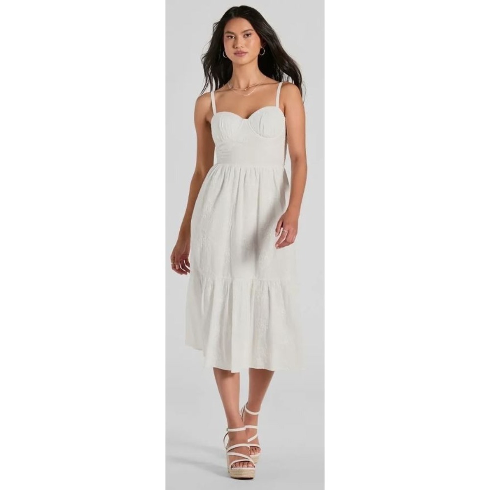 Japna Women's Adjustable Strap Smocked Back Tiered Eyelet Midi Dress in White XL